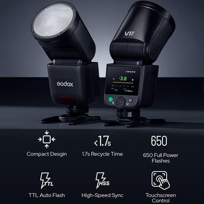 GODOX V1 Mid S Godox Flash for Sony Flash Speedlight,55Ws 2.4G TTL Camera Flash for Sony,Touchscreen Control,7.2V/2200mAh Lithium Battery,1.7s Recycle Time,650 Full Power Flashes,LED Modeling Lamp