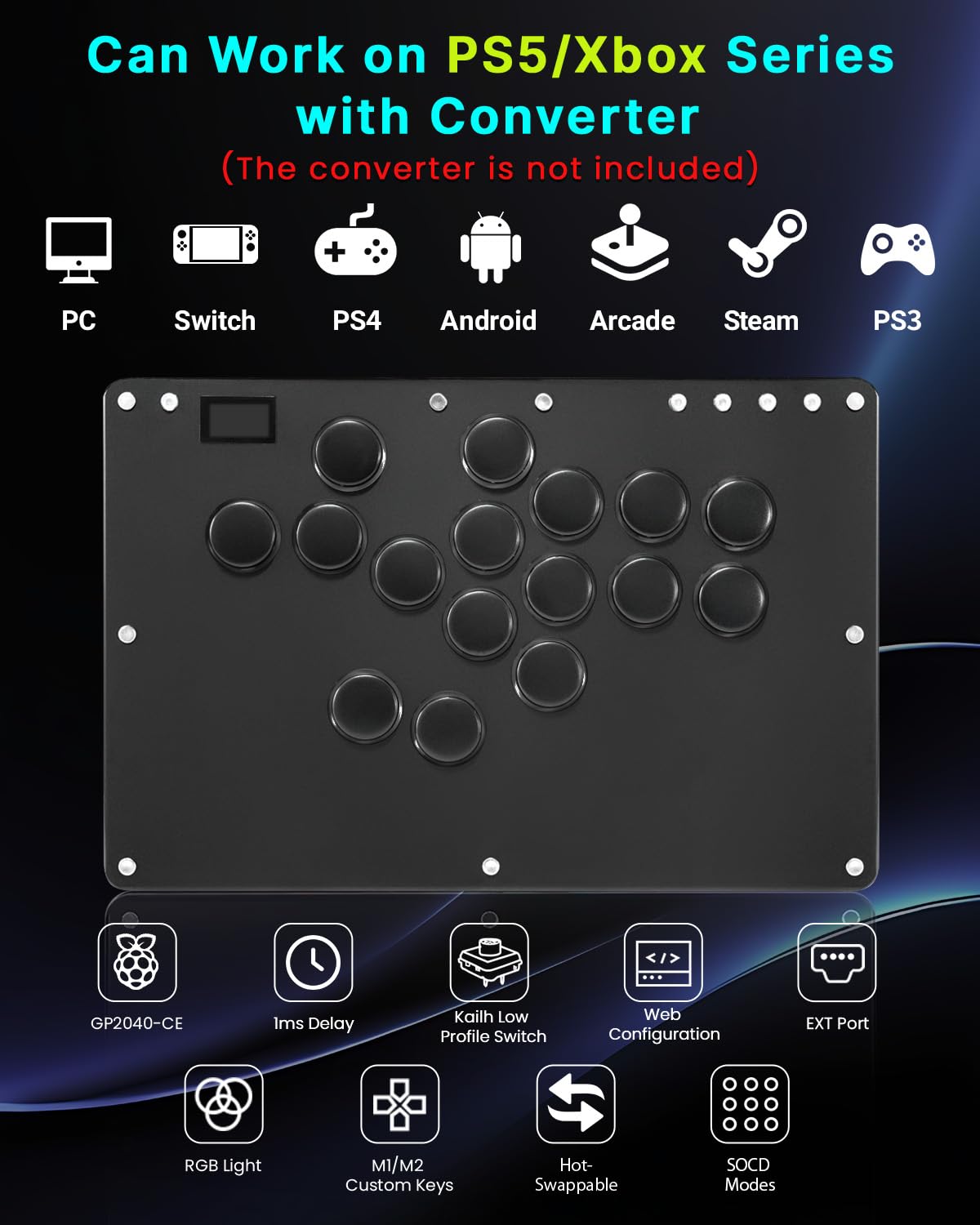 Sehawei Controlador Arcade All-Button Haute42 T16 Pro V2 (Negro)