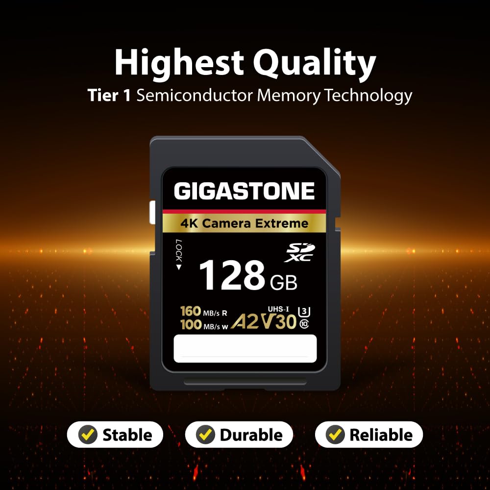 【5-Years Data Recovery】 GIGASTONE 128GB SD Card, 4K Camera Extreme, A2 V30 U3 C10 SDXC Memory Card High Speed, Compatible with Canon Kodak Olympus Digital Camera