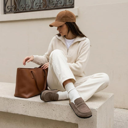 CUSHIONAIRE Fondu Genuine Leather Mule Clogs for Women, Comfortable Slip On Womens Shoes with Penny Strap Accent and Memory Foam Footbed, Taupe