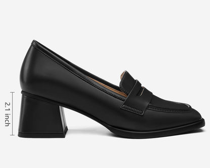 FEMSTEP Womens Loafers, Black Slip on Chunky Heels Loafer Pumps Platform Square Toe Penny Loafers Comfortable Business Casual Work Dress Shoes for Women Formal Office