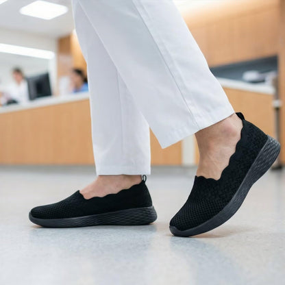 poemlady Women's Slip on Loafer Shoes - Mesh Casual Ballet Flat Nurse Walking Sneakers Knit Round Toe Casual Low Wedge Memory Foam Shoes, 1905 B/All Black 5.5
