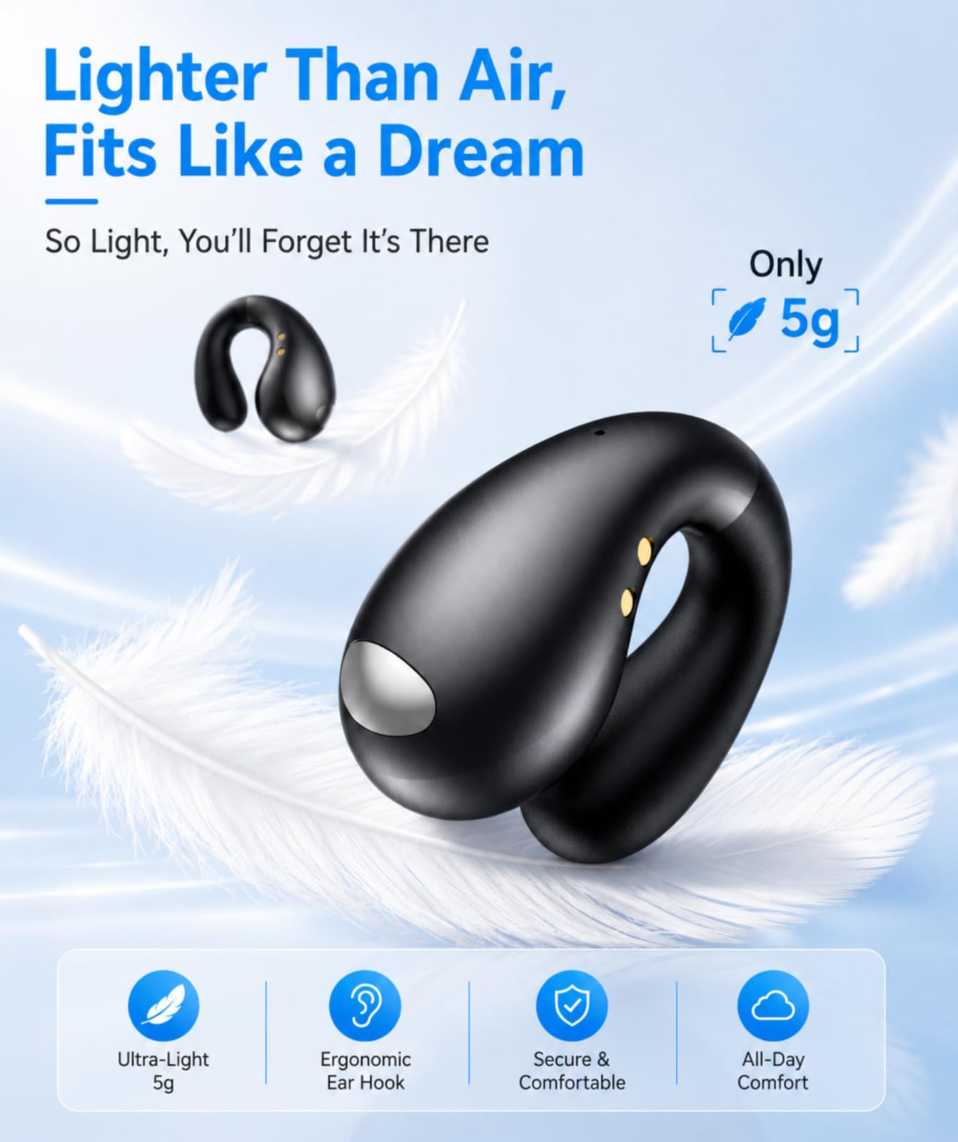 Boytond Ultra Open Ear Earbuds - Comfortable Clip-On Bone Conduction Earbuds, Over-The-Ear Open Headphones with Waterproof Build for Running, Gym Workouts, and Outdoor Sports, Onyx Black