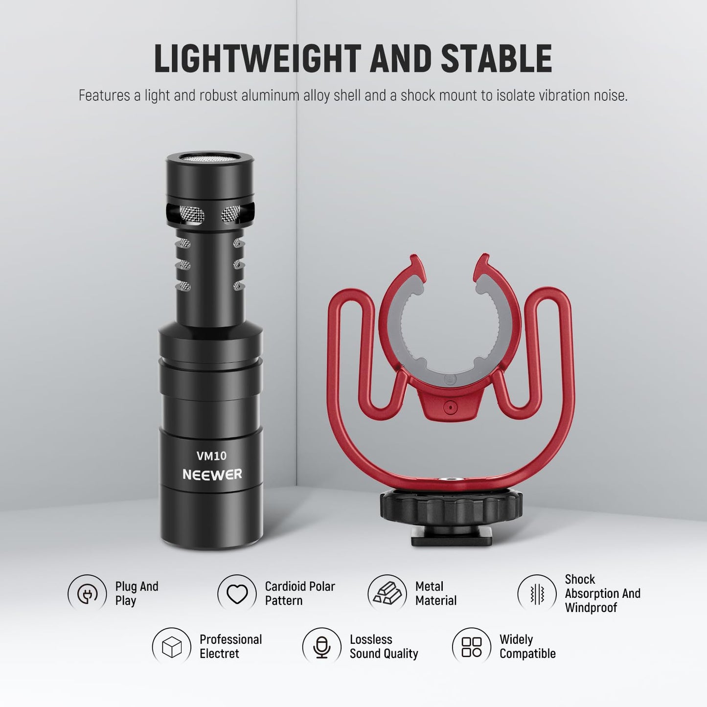 NEEWER Plug & Play Vlog Microphone for Camera, 20-20KHz Mini Supercardioid Mic Compatible with Sony Canon Nikon iPhone Samsung Android Tablet Mac with 3.5mm TRS USB C OTG Shock Mount Windscreen, VM10