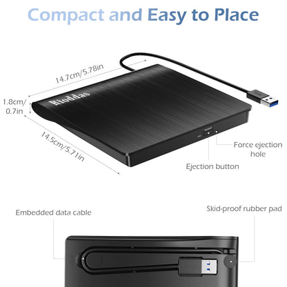 Rioddas Unidad Externa de CD/DVD para Computadora Portátil