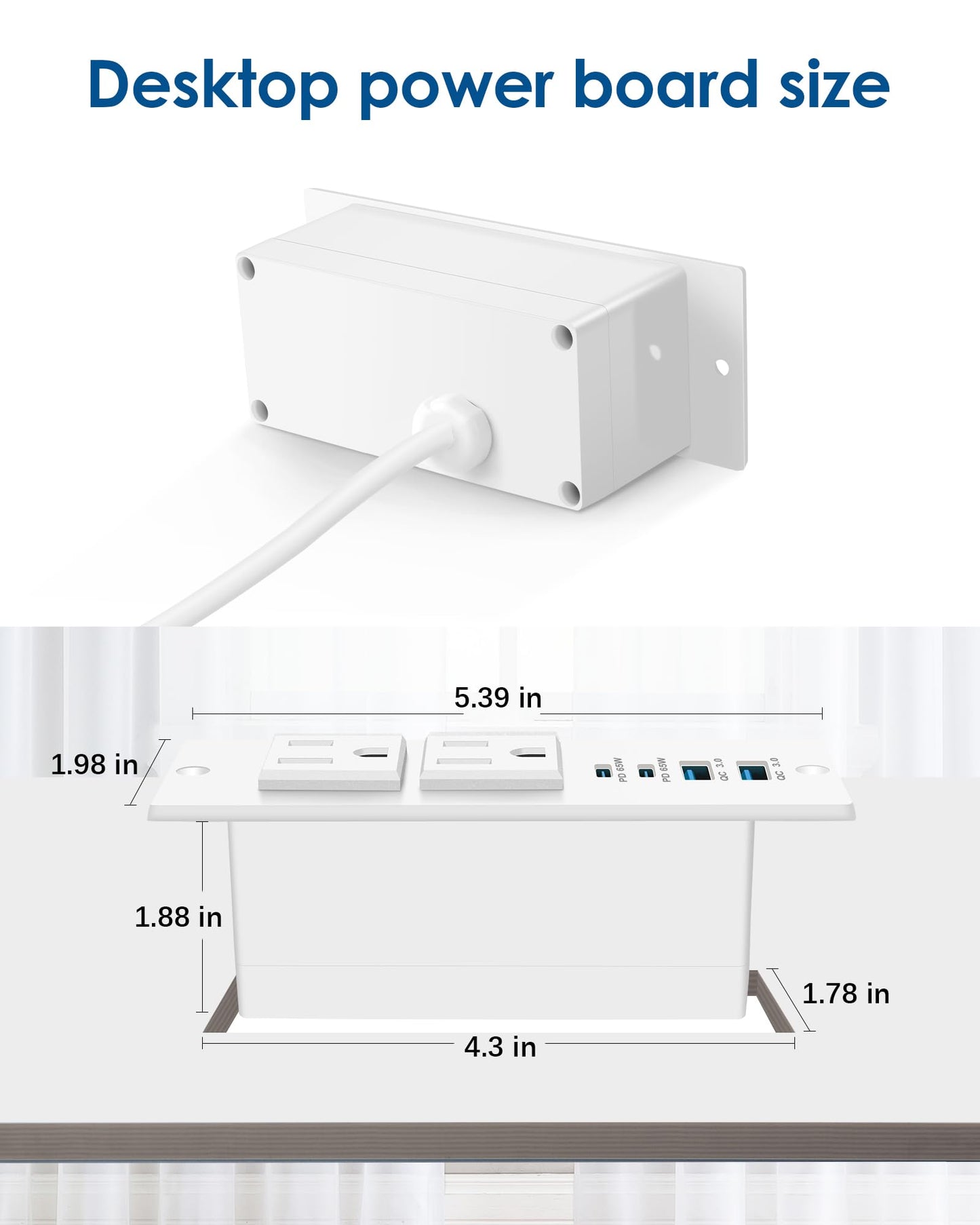 Regleta de Energía Oculta Empotrada para Muebles (Cable 6 Pies / Blanco)