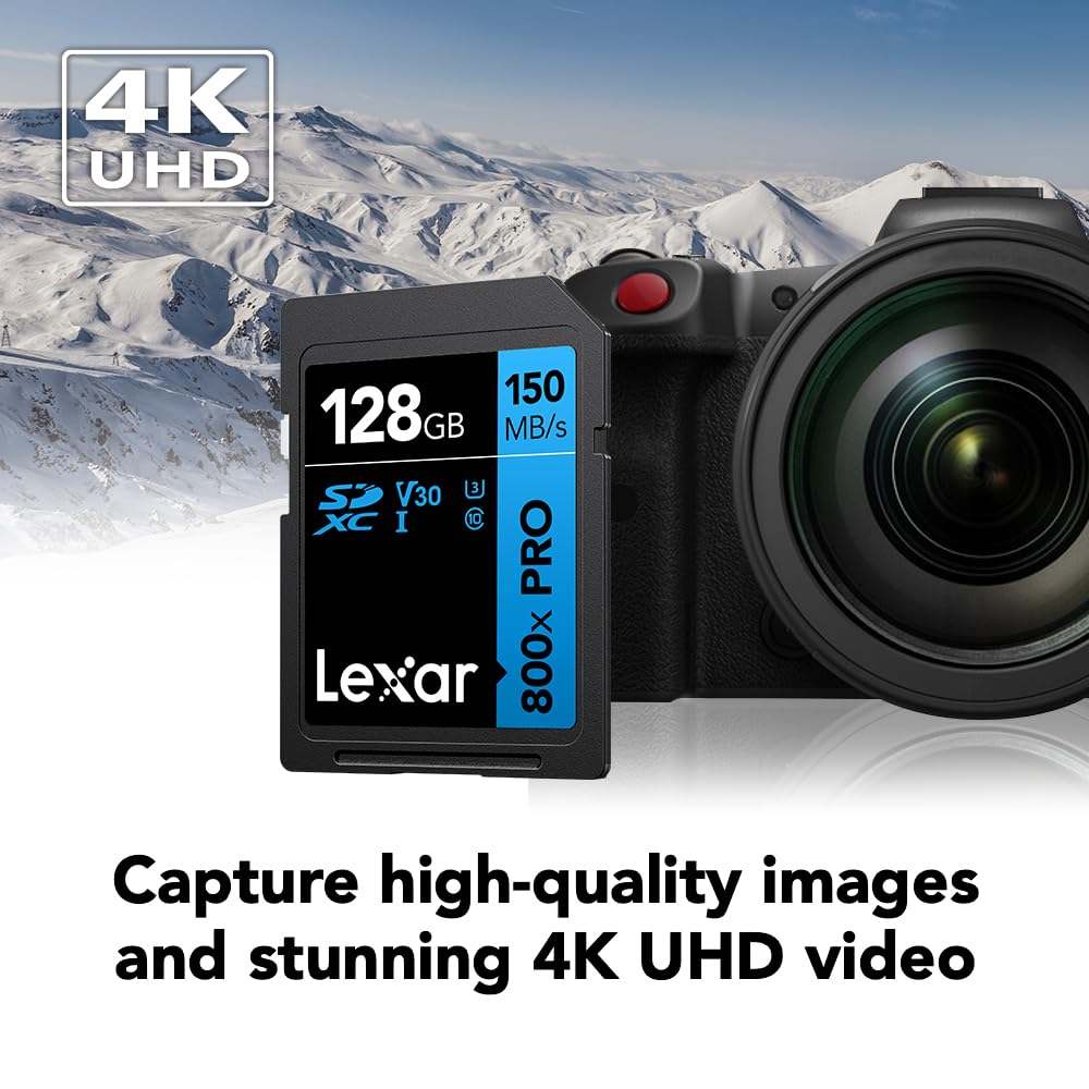 Lexar 128GB High-Performance 800x PRO SD Card, UHS-I, C10, U3, V30, 4K, Up to 150MB/s Read SDXC Memory Card, for Point-and-Shoot & Mid-Range DSLR Cameras, HD Camcorders (LSD0800P128G-BNNNU)