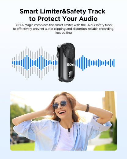 BOYA Magic-02 Wireless Lavalier Microphone, 30Hrs Battery,328FT Los Range,Safety Track&Limiter,4-in1 Mini Lapel Wireless Mic for Android iPhone Camera Laptop PC, Ai Noise Reduction for TikTok YouTube
