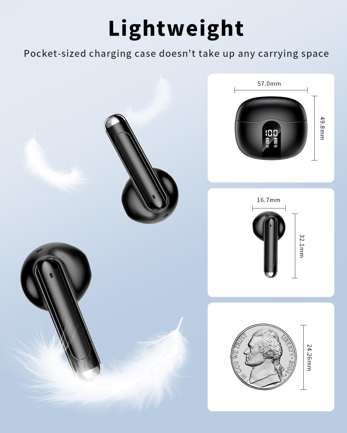 XIAOWTEK Wireless Earbuds, 2026 Bluetooth 5.4 Headphones Bass Stereo Ear Buds with Noise Cancelling Mic, LED Display in Ear Earphones 50H Playtime Ear Buds, IP7 Waterproof for Laptop Pad Phones Black