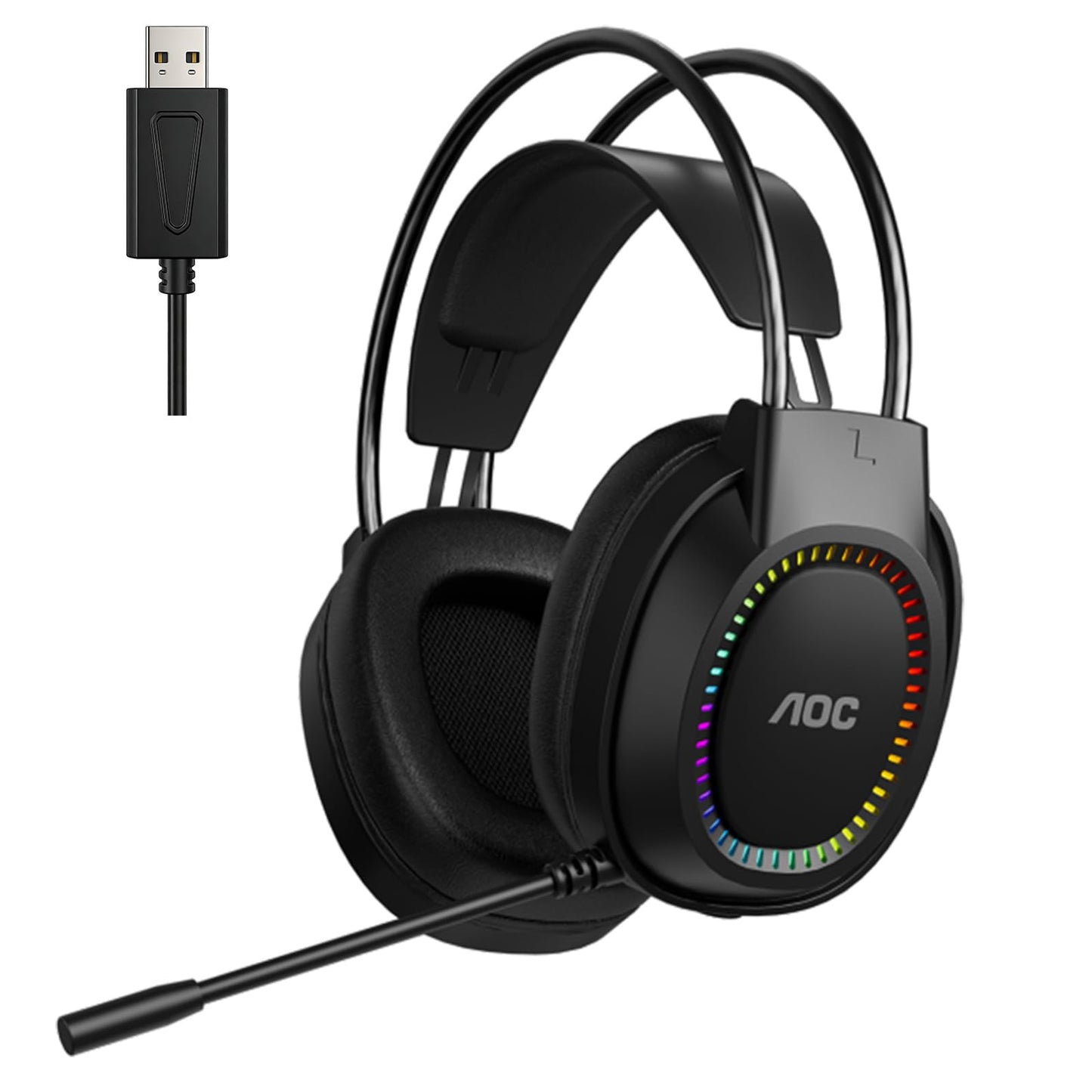 AOC Wired Gaming Headset with Mic, USB Gaming Headphone with Stereo Sound for PC/Laptop/PS4/PS5, 50mm Drivers RGB Corded Headphones for Game/Work/Music, ACG2500