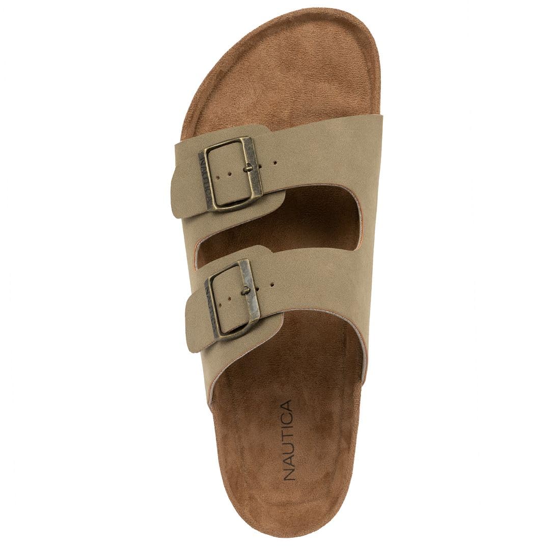 Nautica Men's Double Buckle Slide Sandals – Adjustable Strap Slip-On with Cushioned Footbed & Cork Sole for Comfort and Support-Triun-Light Tan-Size