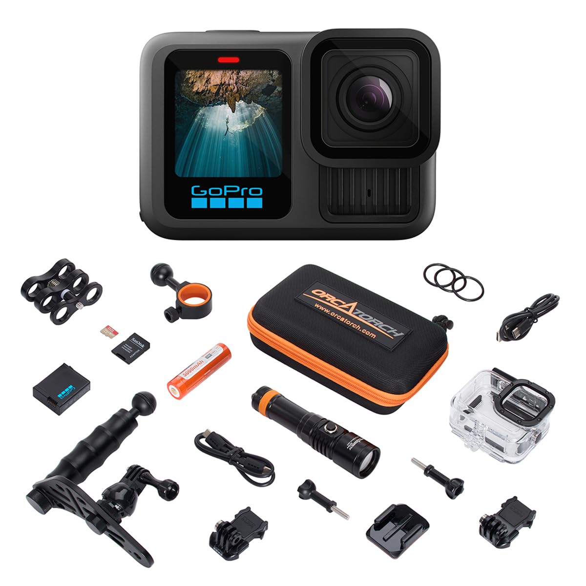 GoPro HERO12 Waterproof Action Camera Dive Kit with 5.3K60 UHD Video, 27MP HDR Photos - Bundle with Protective Housing, Video Light Pack, Camera Tray, Double Clip, 64GB microSD Card (Hero12)