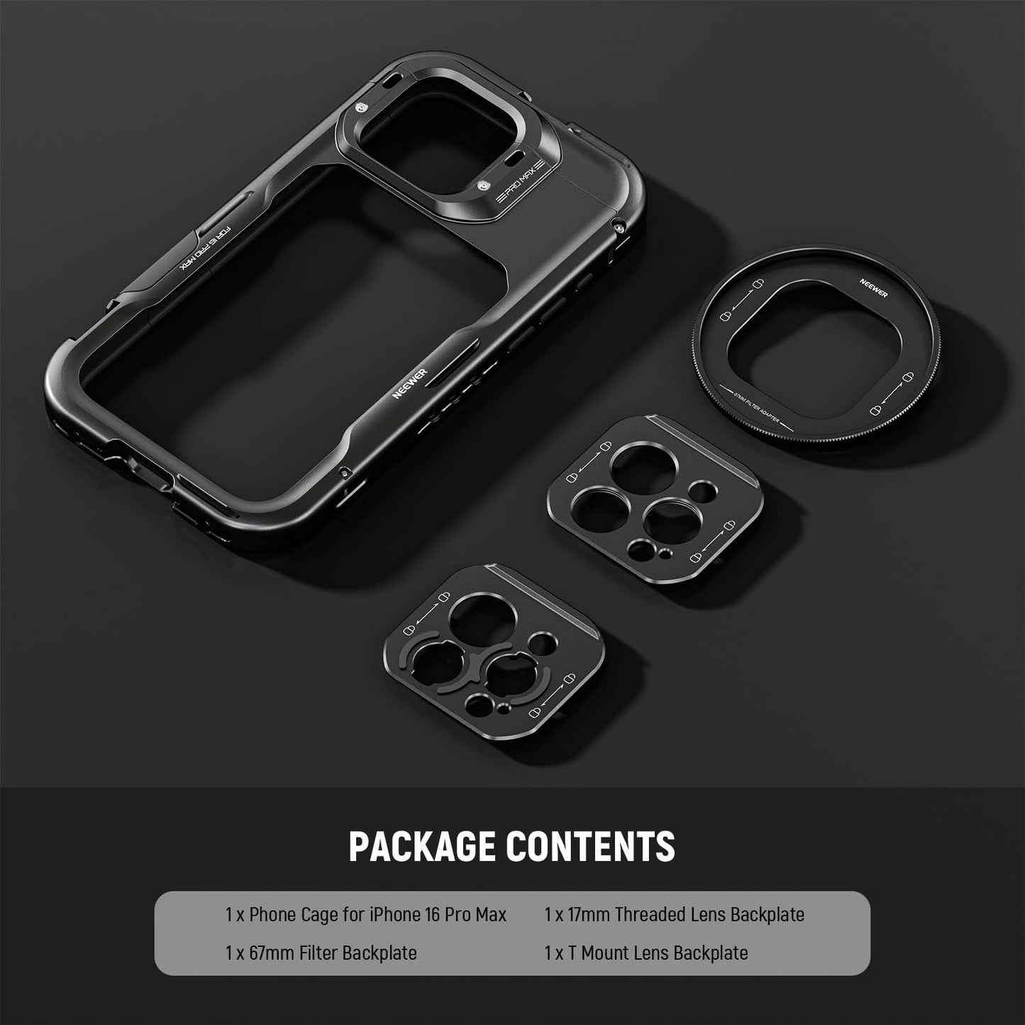 NEEWER 16 Pro Max Cage, Quick Release Video Rig Phone Stabilizer Compatible with iPhone 16 Pro Max with 67mm Filter Adapter, 17mm Lens Backplate, T Mount Lens Adapter Compatible with Moment, PA074