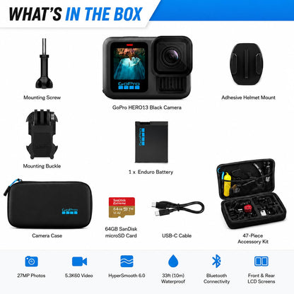 GoPro HERO13 Black Waterproof Action Camera with 5.3K60 Video, 27MP Photos, Enduro 1900mAh Battery, 64GB SanDisk microSD Card, 47-Piece Accessory Kit, 1-Year Warranty