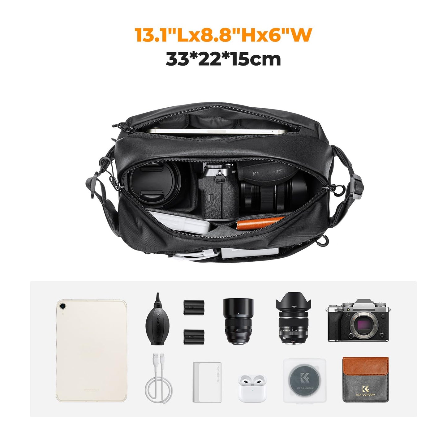 K&F CONCEPT 2 in 1 Sling Bag Everyday Shoulder Bag & Multifunction Photography Crossbody Camera DSLR Backpack Portable Bag Black