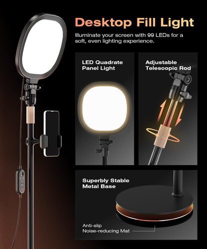 PQRQP Ring Light for Desk, Soft Lighting for Zoom & Video Calls, Selfie Light with Stand & Phone Holder, CRI 97+ Webcam Light for Recording, Streaming, Home Office