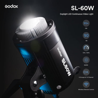 Godox SL-60W SL60W Daylight Led Video Light, 5600K Bright Studio Led Light, CRI95+Qa>90,Wirelessly Adjust Brightness,Bowens Mount LED Continuous Light for Video Recording Wedding Outdoor Photography