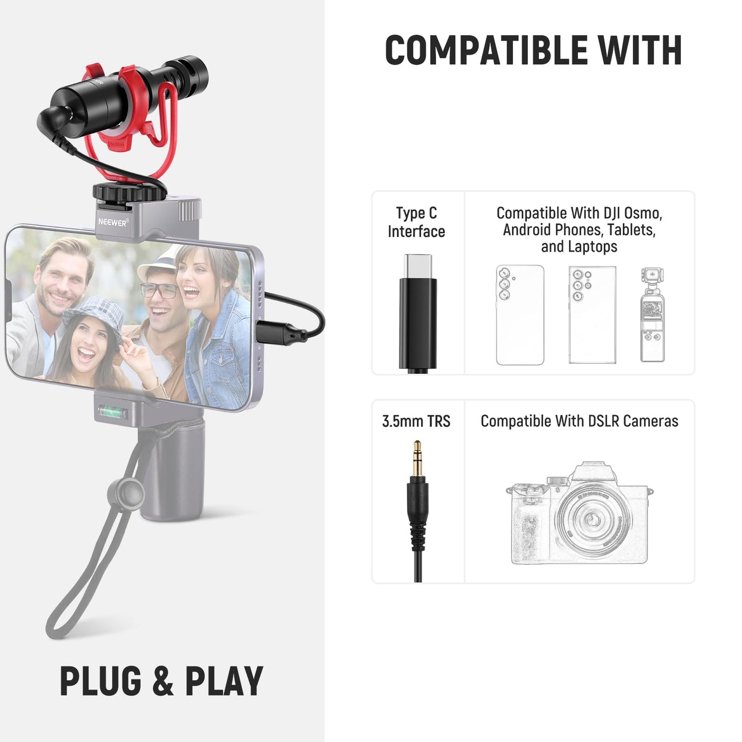 NEEWER Plug & Play Vlog Microphone for Camera, 20-20KHz Mini Supercardioid Mic Compatible with Sony Canon Nikon iPhone Samsung Android Tablet Mac with 3.5mm TRS USB C OTG Shock Mount Windscreen, VM10