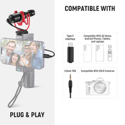 NEEWER Plug & Play Vlog Microphone for Camera, 20-20KHz Mini Supercardioid Mic Compatible with Sony Canon Nikon iPhone Samsung Android Tablet Mac with 3.5mm TRS USB C OTG Shock Mount Windscreen, VM10