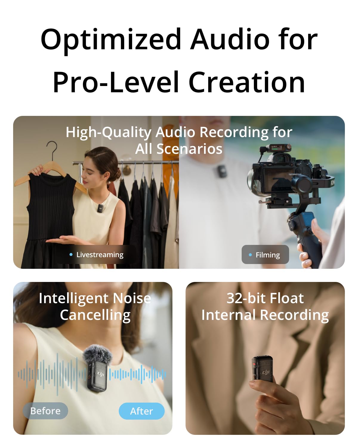 DJI Mic 2 (2 TX + 1 RX + Charging Case), All-in-one Wireless Microphone, Intelligent Noise Cancelling, 32-bit Float Internal Recording, 250m (820 ft.) Range, Microphone for iPhone, Android, Camera