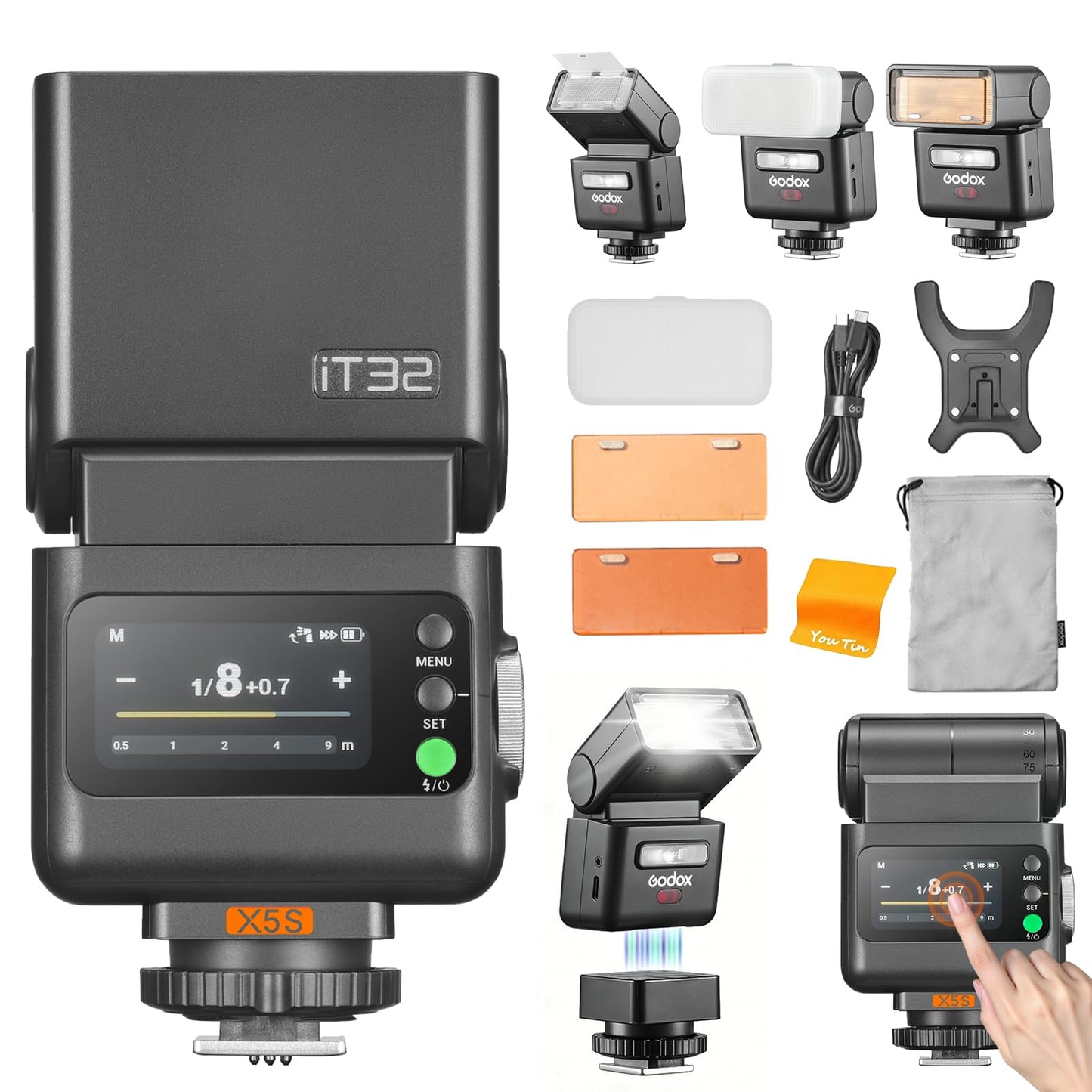 Godox iT32 TTL Camera Flash with X5S Trigger & Diffuser Kit for Sony Cameras, Magnetic Hotshoe & Trigger 2-in-1, Colorful Touch Screen, 2.4G Wireless, HSS 1/8000s, Rotatable Head, LED Modeling Lamp