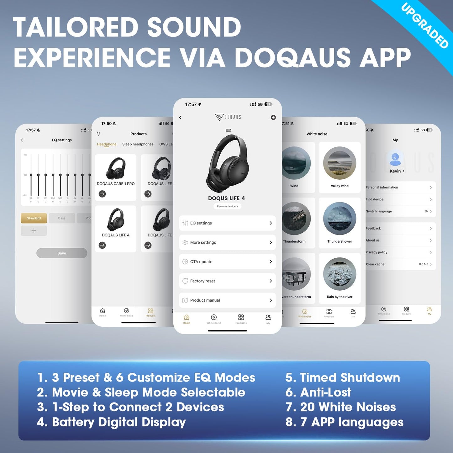DOQAUS Bluetooth Headphones Over Ear Wireless, 90H Playtime, BT 5.4, 9 EQ Modes via App, Movie & Sleep Mode, HiFi Deep Bass, Memory Foam for Travel, Gym, Phone, PC Stocking Stuffers