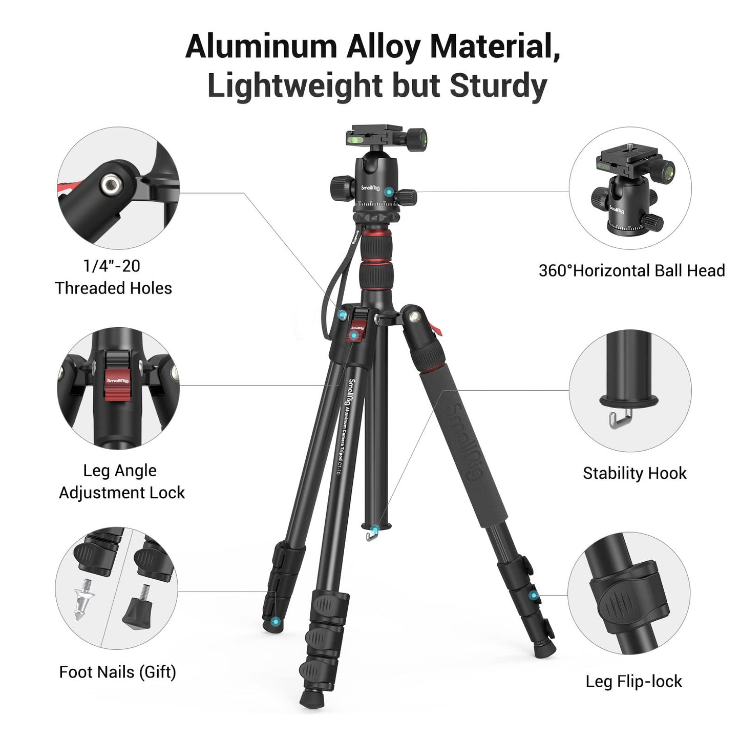 SmallRig Camera Tripod, 71" Foldable Aluminum Tripod/Monopod, 360°Ball Head Detachable, Payload 33lb, Adjustable Height from 16" to 71" for Camera, Phone