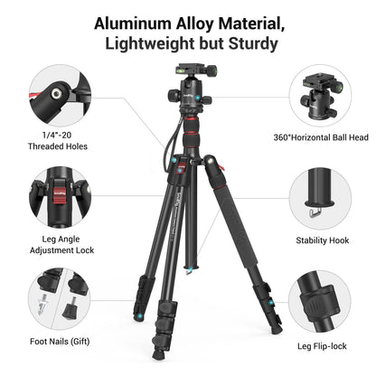 SmallRig Camera Tripod, 71" Foldable Aluminum Tripod/Monopod, 360°Ball Head Detachable, Payload 33lb, Adjustable Height from 16" to 71" for Camera, Phone