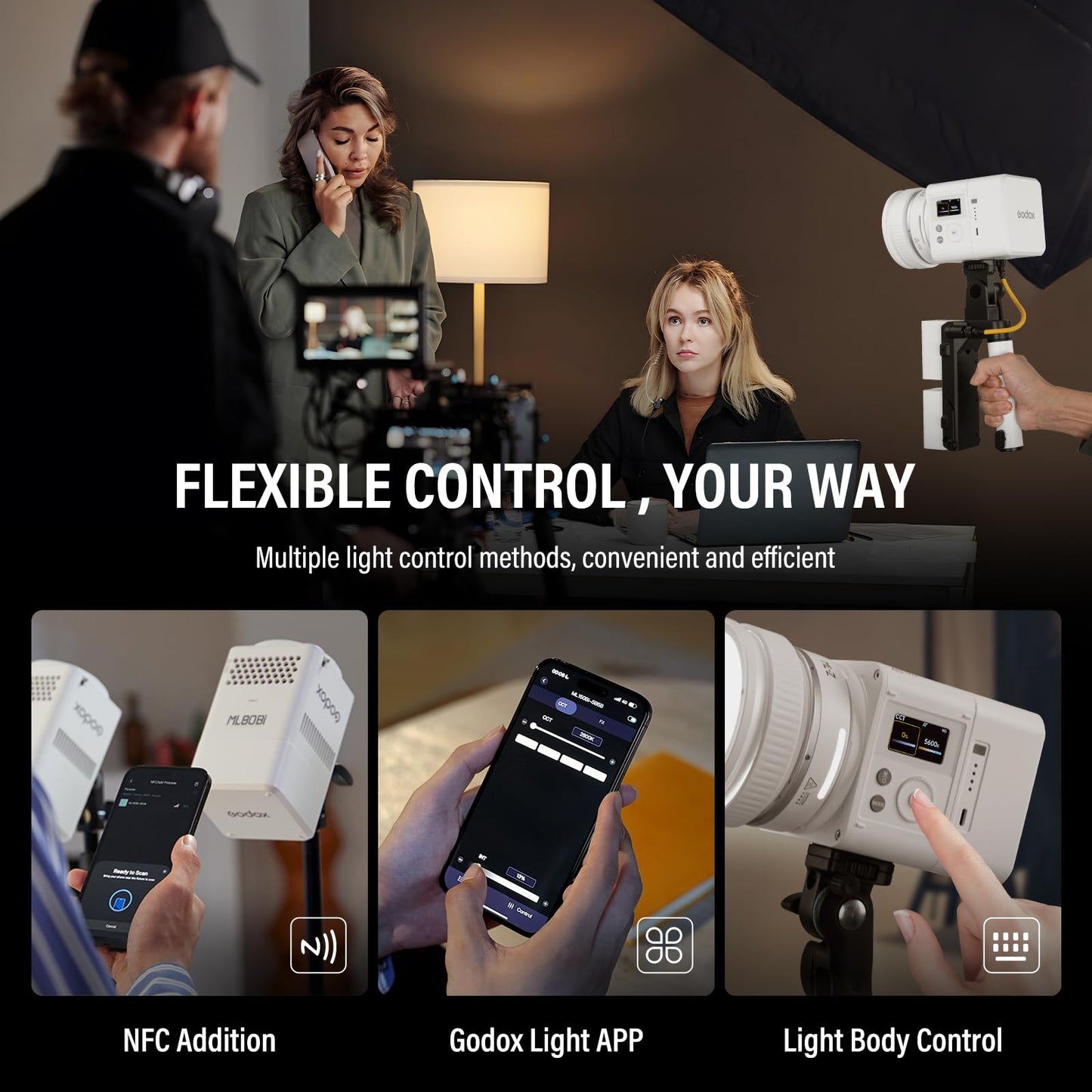Godox ML80Bi Bi-Color LED Video Light with 6600mAh Battery - 29600Lux@1m, 2800K-6500K, CRI/TLCI 96+, 11 FX Effects, NFC & APP Control for Videography, Vlogging & Filmmaking for Outdoor
