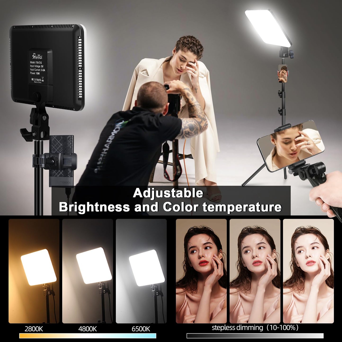 Shirtal 12" LED Video Light Kit,2-Pack Photography Lighting Kit,73" Height 2800-6500K Dimmable Studio Lights with Tripod Stand and Phone Holder, Streaming Lighting for Video Recording,Podcast,YouTube
