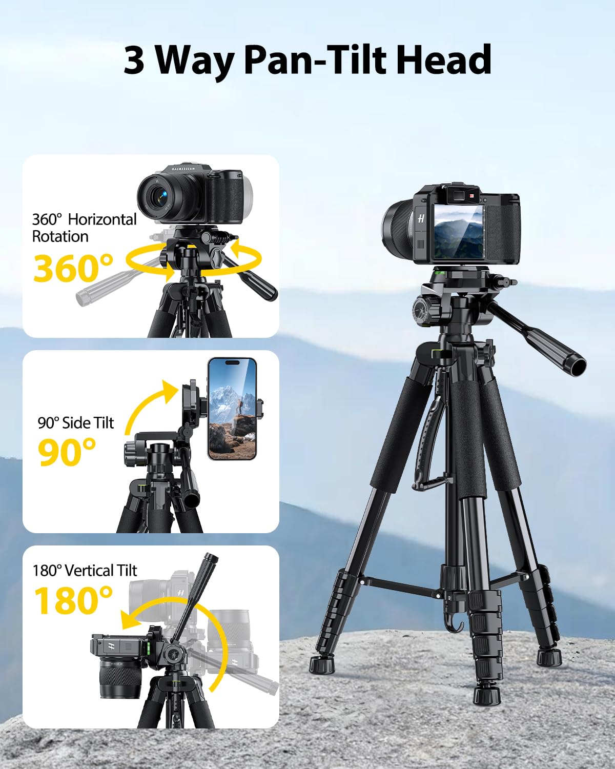 UBeesize 67” Camera Tripod with Travel Bag, Cell Phone Tripod with Bluetooth Remote and Phone Holder, Compatible with All Cameras, Cell Phones, Projector, Webcam, Spotting Scopes
