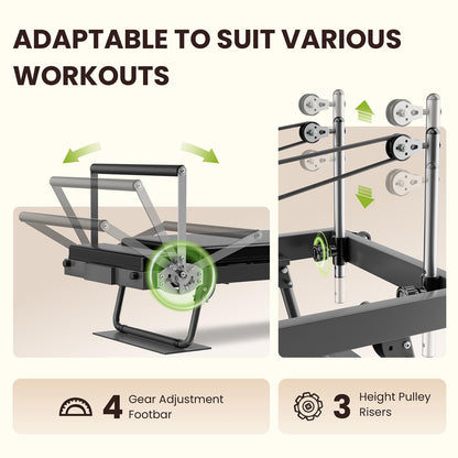 TYRSEN Foldable Pilates Reformer - Reformer Pilates Machine with Springs, Quick-Assembly Pilates Power Gym Equipment for Home Workout & Gym, Pilates Machine with Upgraded Wheels and Jumpboard
