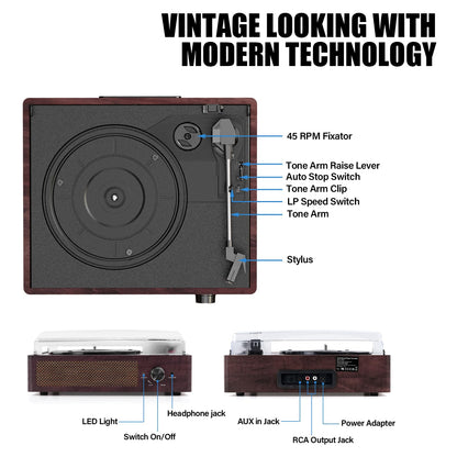 Tocadiscos Reproductor de Vinilos con Bluetooth
