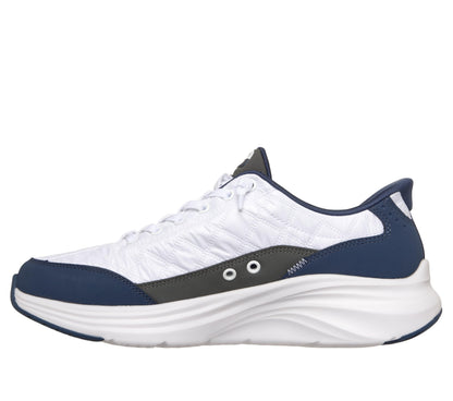 Skechers Men's Contour Foam Cozy Fit Hands Free Slip-in Sneaker, White/Navy
