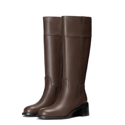 Reitoye Knee High Brown Boots Women Round Toe Chunky Block Heeled Boots Side Zipper Tall Gogo Boots Shoes