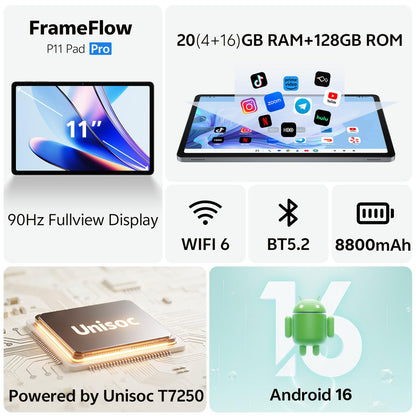 Frameflow Tablet 11 inch, Android 16 Tablet with Octa-Core Processor, 20GB RAM 128GB ROM 1 TB Expandable, 1280x800 IPS Touch Screen, GPS, 8H Battery, WiFi 6, BT 5.2, 8MP+13MP Dual Camera (Gray)