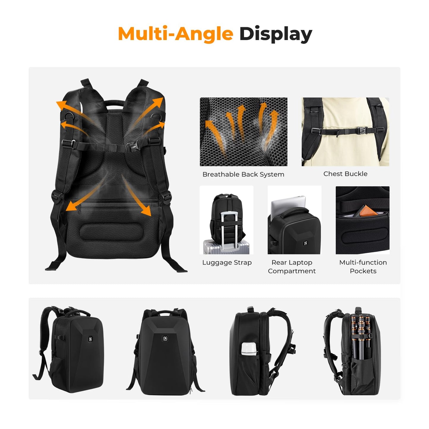 K&F CONCEPT Camera Backpack,Hardshell Photography DSLR Camera Bag with 15-15.6 Inch Laptop Compartment Waterproof Hard Shell Camera Case Compatible with Canon/Nikon/Sony/DJI Mavic Drone
