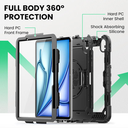 SEYMAC Case for iPad Air 11 Inch M4 / M3 / M2 (2026/2025 / 2024), Heavy Duty Shockproof Protective Case with Screen Protector, 360° Rotating Stand and Hand/Shoulder Strap, Black