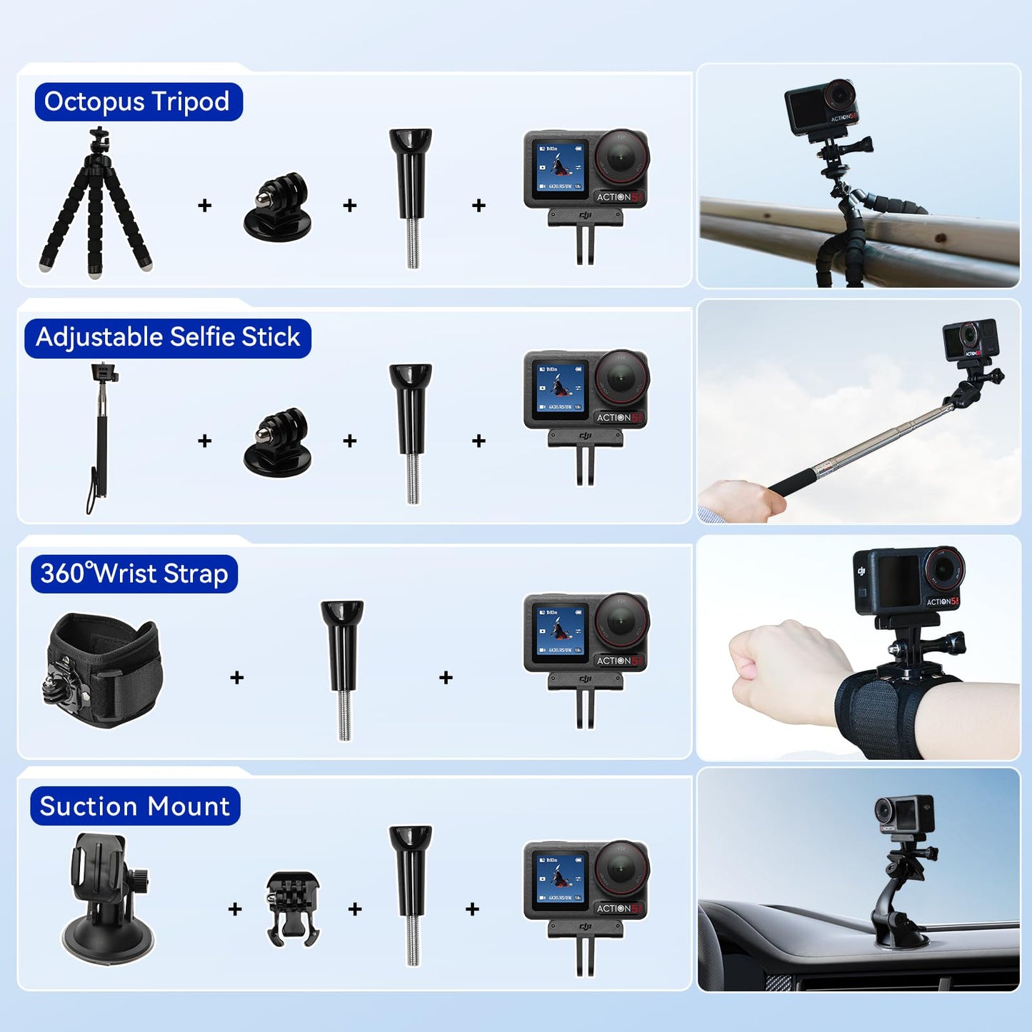 DJI Osmo Action 5 Pro Waterproof Action Camera Bundle, 1/1.3" Sensor, 4K/120fps Video, 47GB Built-in Storage, Original Standard Combo + 58 Piece Accessory Kit + 2 Extra Batteries + Extra 64GB Card