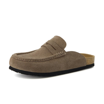 CUSHIONAIRE Fondu Genuine Leather Mule Clogs for Women, Comfortable Slip On Womens Shoes with Penny Strap Accent and Memory Foam Footbed, Taupe