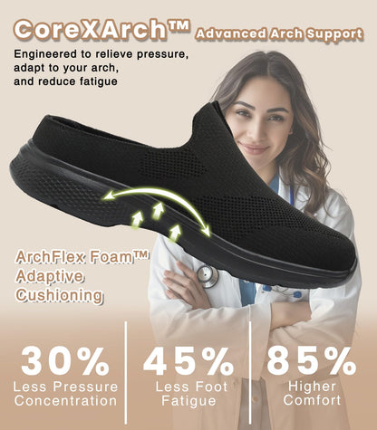 Women's Orthopedic Slip-On Mules Sneakers for Plantar Fasciitis Easy Off Recovery Backless Knit Comfortable Lightweight with Arch Support Walking Shoes for Travel, House & Office Black