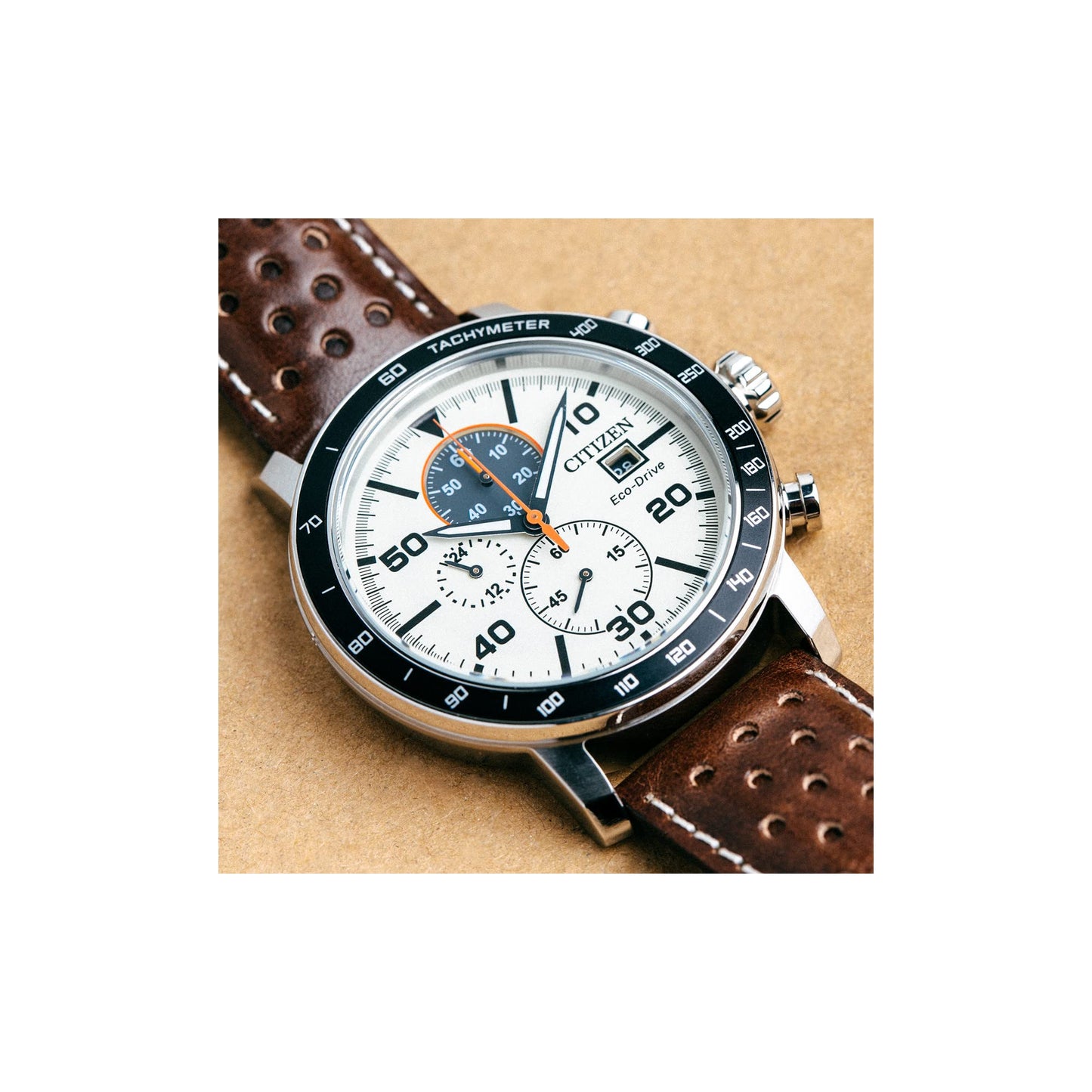 Citizen Men's Eco-Drive Weekender Brycen Chronograph Watch in Stainless Steel, Brown Leather Strap, Ivory Dial (Model: CA0649-06X)