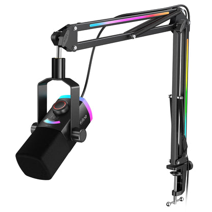FIFINE Gaming Microphone Kit, XLR/USB Dynamic PC Microphone with Boom Arm for Podcast Recording, RGB Streaming Mic Set, Tap-to-Mute, Mix Control, Headphone Jack-AmpliGame AM8PROT