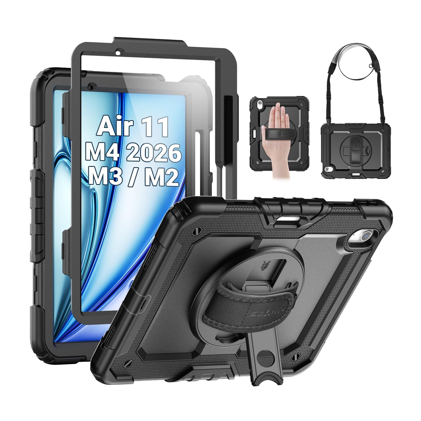 SEYMAC Case for iPad Air 11 Inch M4 / M3 / M2 (2026/2025 / 2024), Heavy Duty Shockproof Protective Case with Screen Protector, 360° Rotating Stand and Hand/Shoulder Strap, Black