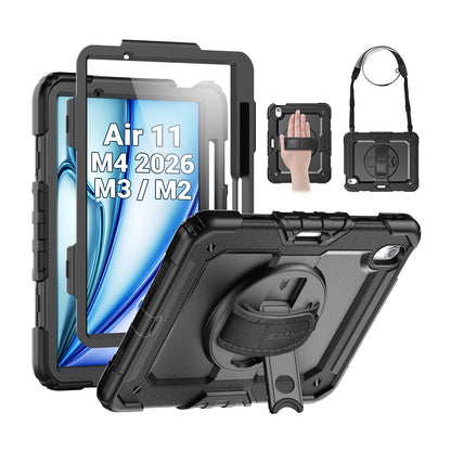 SEYMAC Case for iPad Air 11 Inch M4 / M3 / M2 (2026/2025 / 2024), Heavy Duty Shockproof Protective Case with Screen Protector, 360° Rotating Stand and Hand/Shoulder Strap, Black