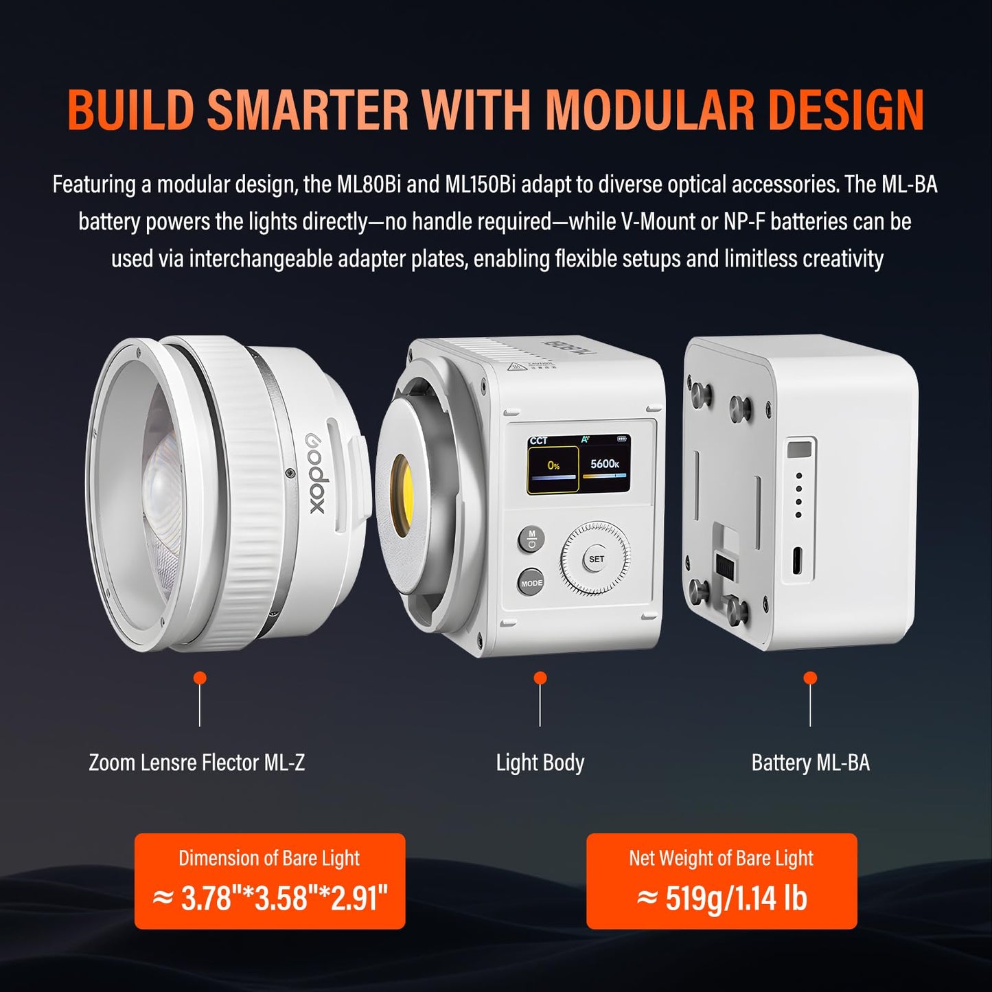 Godox ML80Bi Bi-Color LED Video Light with 6600mAh Battery - 29600Lux@1m, 2800K-6500K, CRI/TLCI 96+, 11 FX Effects, NFC & APP Control for Videography, Vlogging & Filmmaking for Outdoor