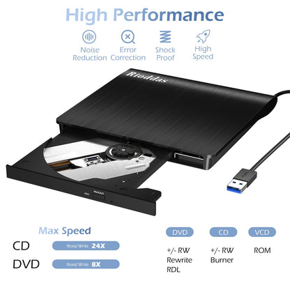 Rioddas Unidad Externa de CD/DVD para Computadora Portátil