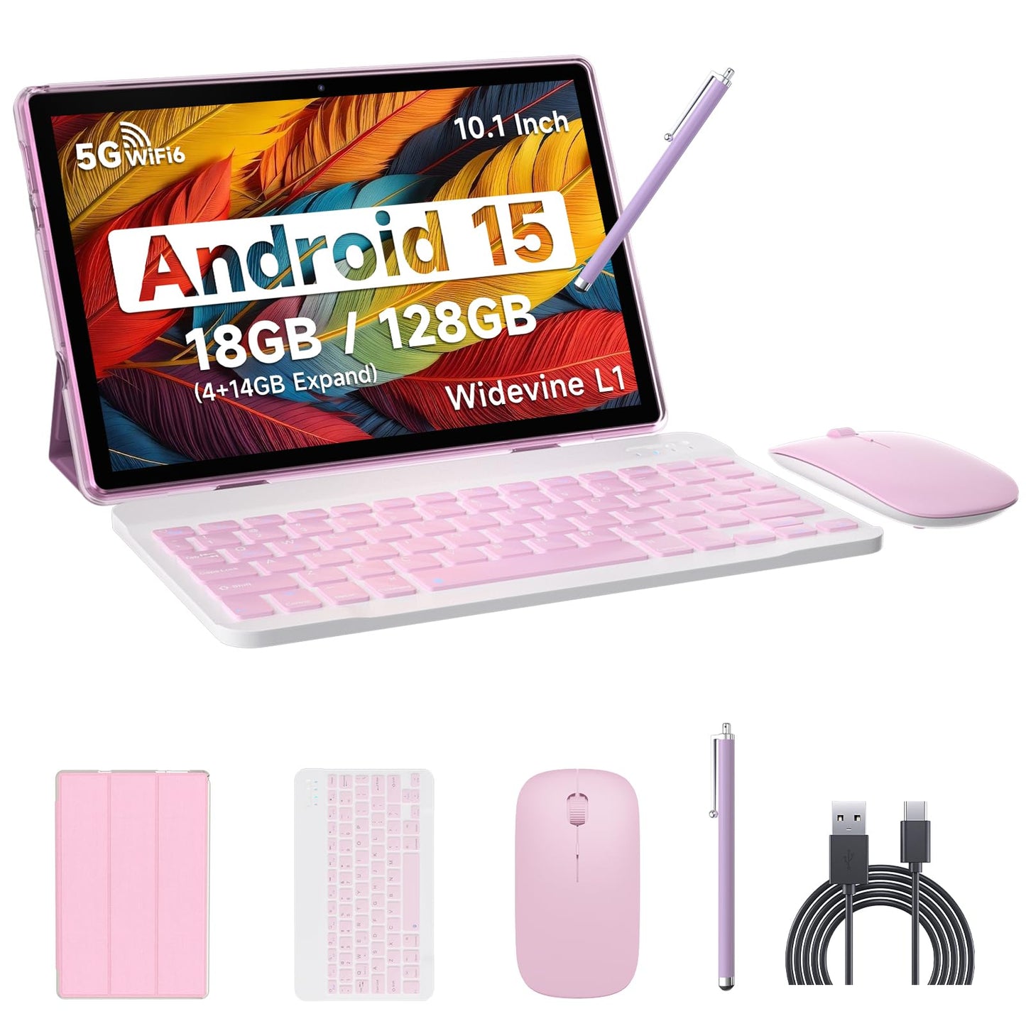 IWEGGO Android 15 Tablet, 10 Inch 18GB RAM+128GB ROM/ 2TB Expandable Tablet, 2.0GHz Quad-core Processor, 1280*800 HD Touch Screen, 5G WiFi6 BT 5.0, 2 in 1 Tablets with Keyboard Case Mouse Stylus Pink