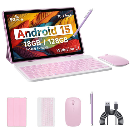 IWEGGO Android 15 Tablet, 10 Inch 18GB RAM+128GB ROM/ 2TB Expandable Tablet, 2.0GHz Quad-core Processor, 1280*800 HD Touch Screen, 5G WiFi6 BT 5.0, 2 in 1 Tablets with Keyboard Case Mouse Stylus Pink