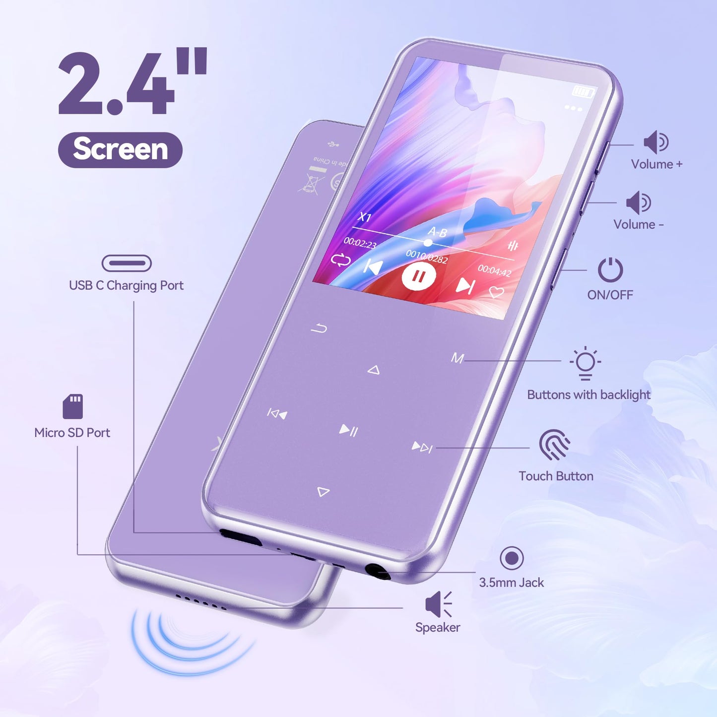 AGPTEK Reproductor MP3 M3 con Bluetooth y Radio FM (64GB / Morado)